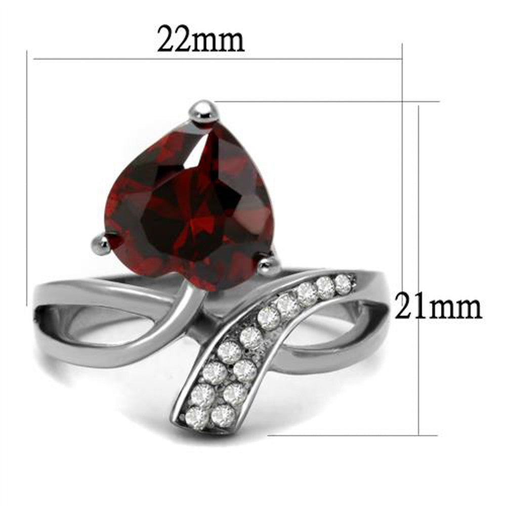ARTK2863 Stainless Steel 3.22 Ct Heart Shape Garnet Color Cz Fashion Ring Women's Sz 5-10
